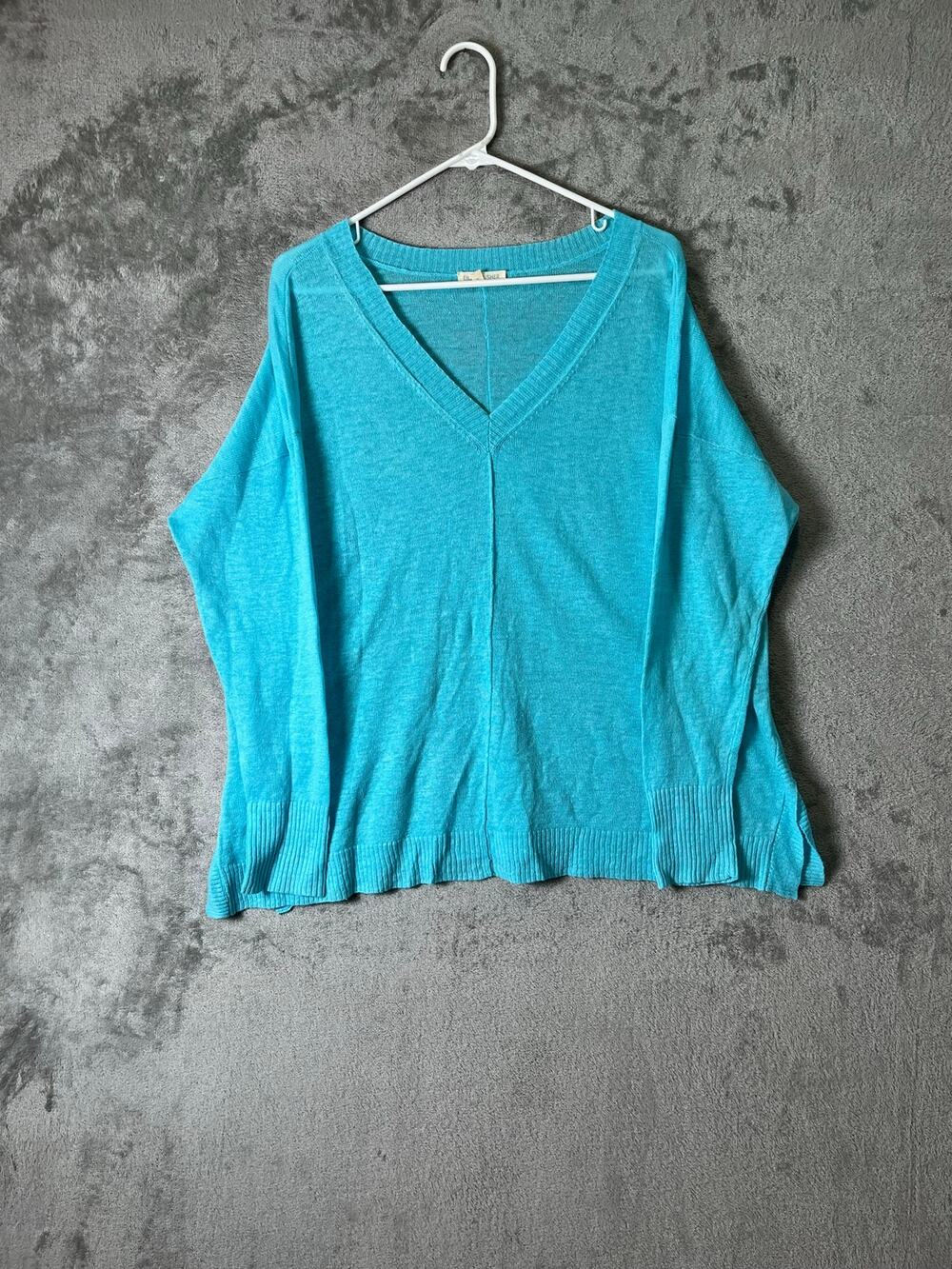 Eileen Fisher Linen V Neck Sweater Turquoise Boxy Oversized Coastal Lightweight